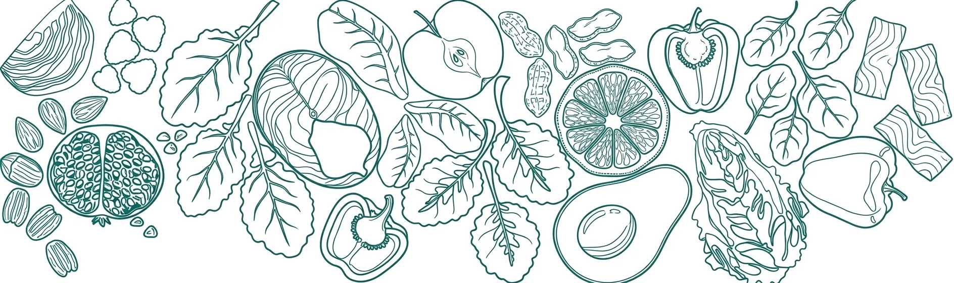 Line drawing of assorted fruits and vegetables (peach, avocado, citrus, pepper, leafy greens) spread across a white background, in teal outline art.