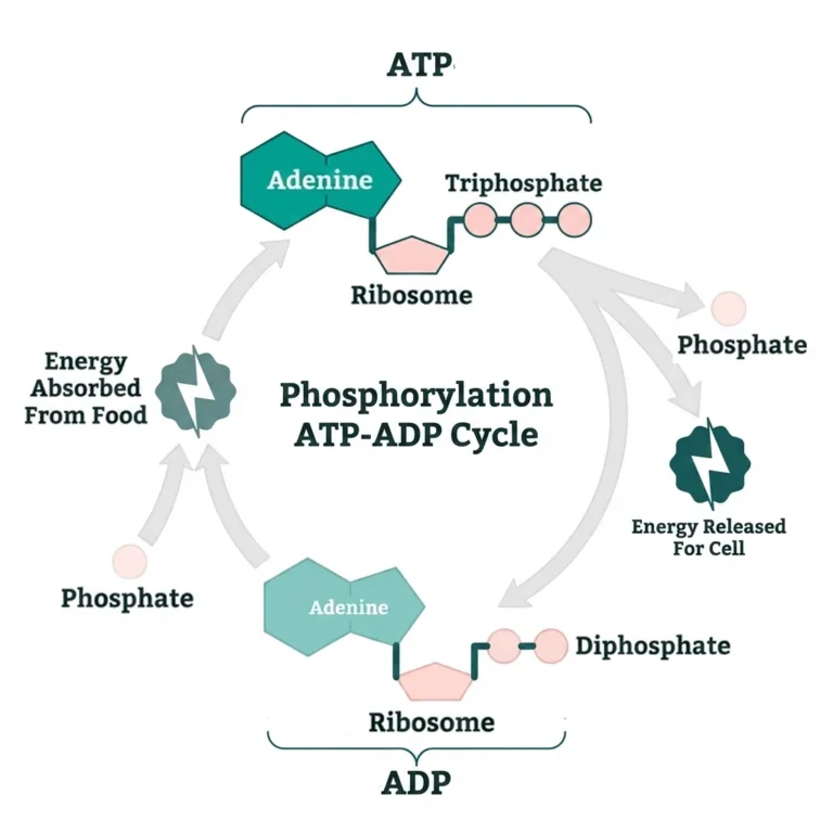 ATP-ADP cycle diagram showing energy flow: energy from food phosphorylates ADP to ATP, with adenine, ribosome, and phosphate groups labeled.