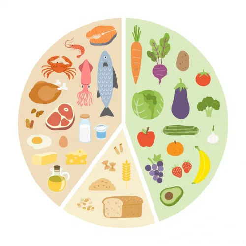 A circular food wheel split into two halves: left with meat, dairy, and grains; right with vegetables and fruits; demonstrates food groups.